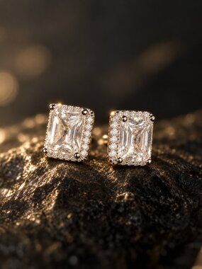 18k White Gold Emerald Cut CZ Stud Earrings MOS COLLECTION